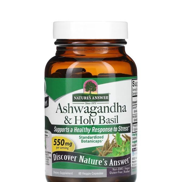 Ашваганда та базилік священний, 550 мг, Ashwagandha & Holy Basil, Nature's Answer, 60 вегетаріанських капсул