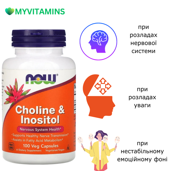 Холин (В4) и Инозитол (В8), Choline & Inositol, Now Foods, 500 мг, 100 вегетарианских капсул