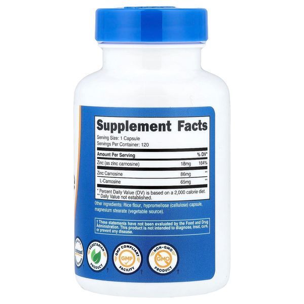 Цинк карнозин, 86 мг, Zinc Carnosine, Nutricost, 120 капсул