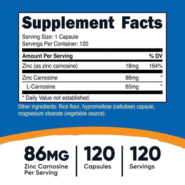 Цинк карнозин, 86 мг, Zinc Carnosine, Nutricost, 120 капсул