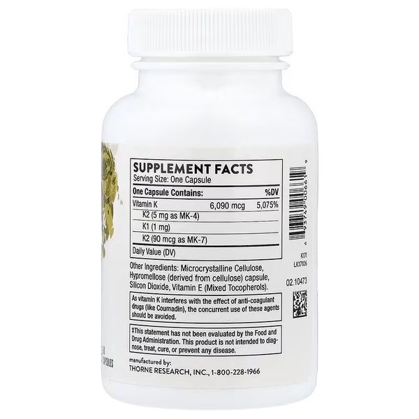 Вітамін K, Vitamin K, Thorne, 60 капсул