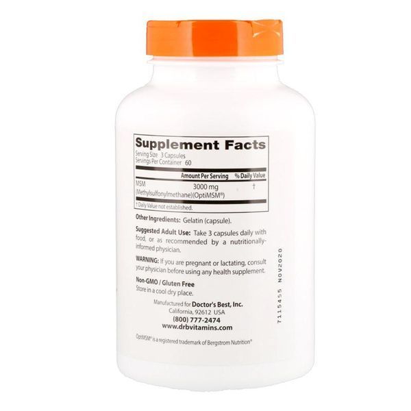 Метілсульфонілметан, МСМ, MSM with OptiMSM, Doctor's Best, 1000 мг, 180 капсул
