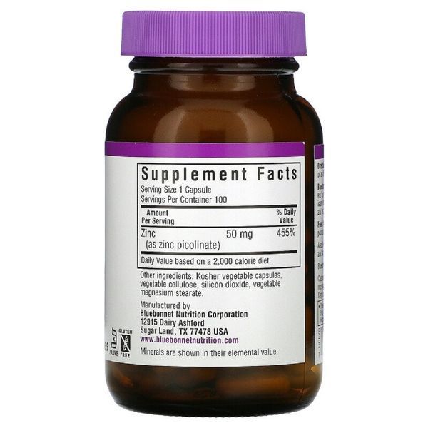 Цинк Піколинат 50мг, Bluebonnet Nutrition, 100 вегетаріанських капсул