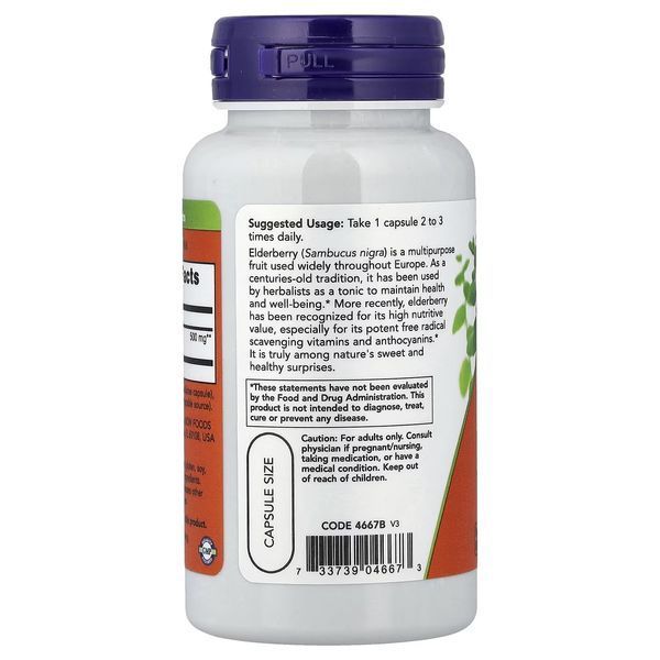 Бузина, 500 мг, Elderberry, Now Foods, 60 вегетарианских капсул