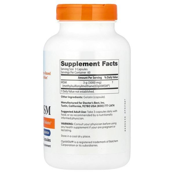 Метилсульфонілметан, МСМ, 3000 мг, MSM with OptiMSM, Doctor's Best, 180 капсул