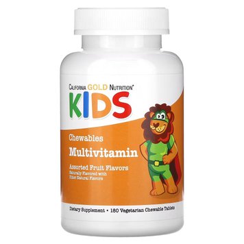 Мультивітаміни для дітей, смак фруктового асорті, Chewable Multi-Vitamin For Children, California Gold Nutrition, 180 жувальних таблеток