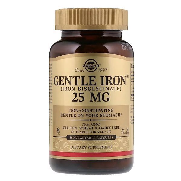 Хелатное Железо, 25 мг, Gentle Iron, Solgar, 180 вегетарианских капсул