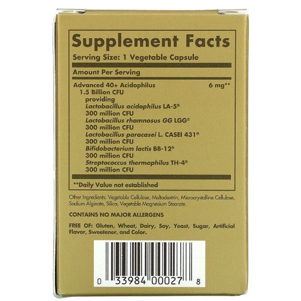 Пробіотики, Advanced 40+ Acidophilus, Solgar, 60 капсул