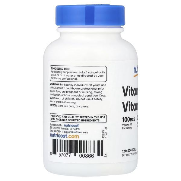 Вітамін K2 та вітамін D3, Vitamin K2 + Vitamin D3, Nutricost, 120 гелевих капсул