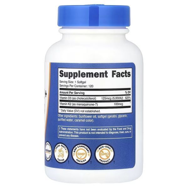 Вітамін K2 та вітамін D3, Vitamin K2 + Vitamin D3, Nutricost, 120 гелевих капсул