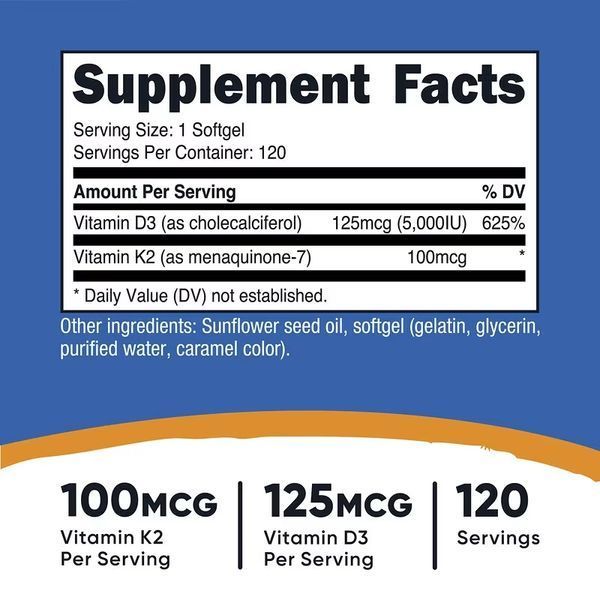 Вітамін K2 та вітамін D3, Vitamin K2 + Vitamin D3, Nutricost, 120 гелевих капсул