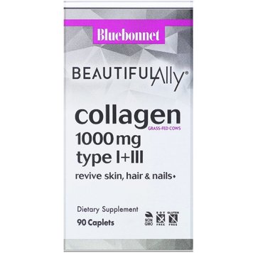 Колаген 1000 мг, Beautiful Ally, Collagen Type I + III, Bluebonnet Nutrition, 90 капсул