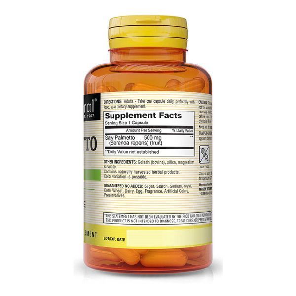 Со Пальметто 500 мг, Здоров'я простати, Saw Palmetto, Mason Natural, 60 капсул