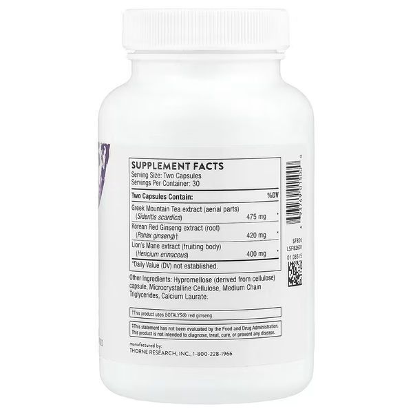 Супер енергія з женьшенем та їжовиком, Ginseng Plus with Lion's Mane, Thorne, 60 капсул