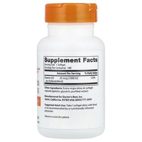 Витамин D3, 25 мкг (1000 МЕ), Vitamin D3, Doctor's Best, 180 желатиновых капсул