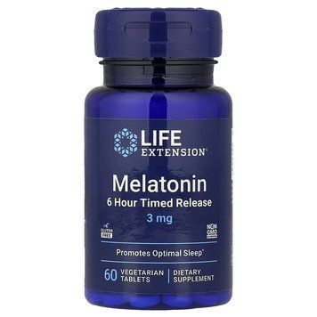 Мелатонин, 3 мг, Melatonin, 6 Hour Timed Release, Life Extension, 60 вегетарианских таблеток
