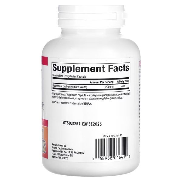 Магний Бисглицинат, 200 мг, Magnesium Bisglycinate, Natural Factors, 120 вегетарианских капсул