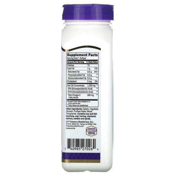 Рыбий жир, 1200 мг, Омега-3, 360 мг, Fish Oil Omega 3, 21st Century, 90 желатиновых капсул