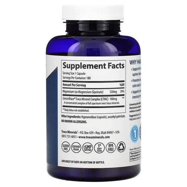 Гліцинат магнію, 120 мг, Magnesium Glycinate, Trace Minerals, 180 капсул