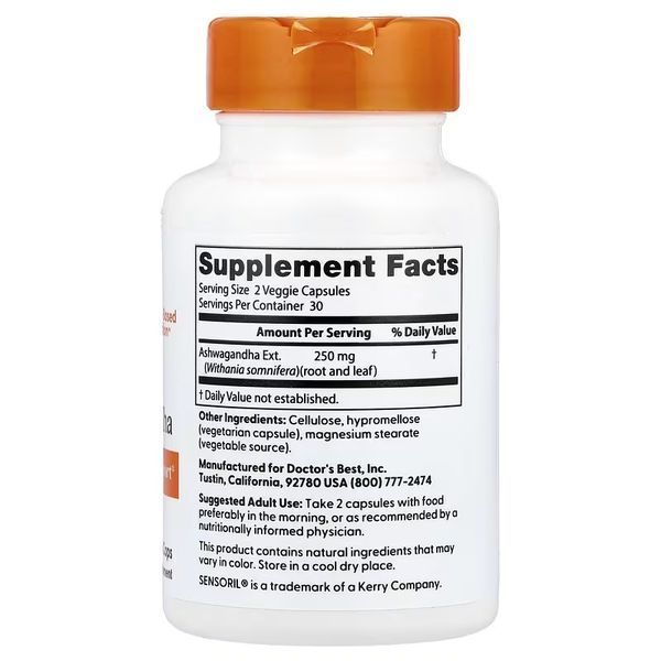 Ашваганда, Ashwagandha, Doctor's Best, 60 вегетаріанських капсул