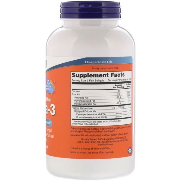 Омега-3 1000 мг, 180 EPA / 120 DHA, Molecularly Distilled Omega-3, Now Foods, 200 капсул з риб'ячого желатину