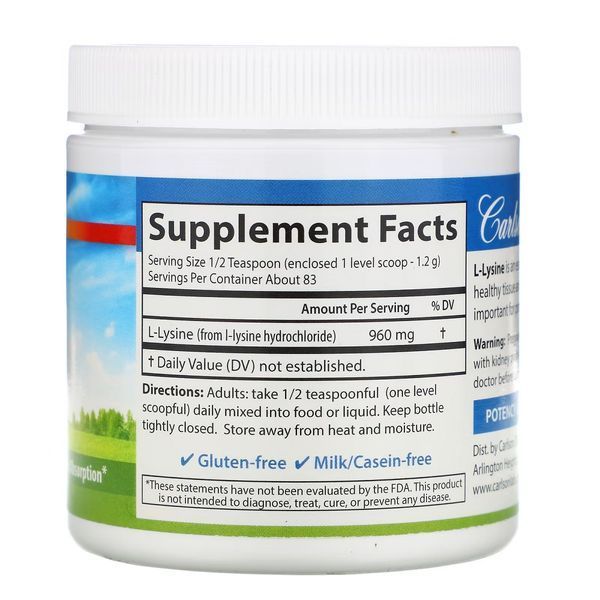 L-лізин у порошку, L-Lysine, Amino Acid Powder, Carlson, 100 гр