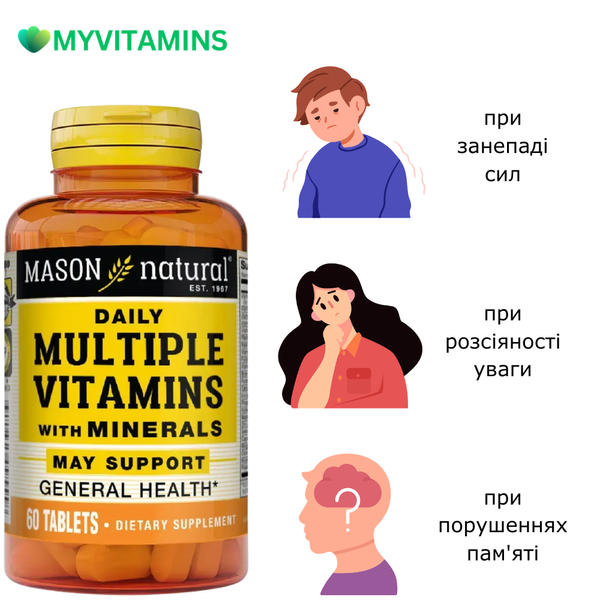 Мультивитамины и минералы на каждый день, Daily Multiple Vitamins With Minerals, Mason Natural, 60 таблеток