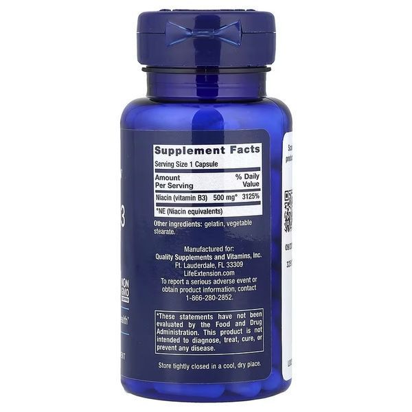 Ниацин, Витамин B3, 500 мг, Vitamin B3 Niacin, Life Extension, 100 капсул
