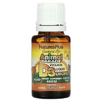 Витамин D3 400 МЕ для Детей, Вкус апельсина, Animal Parade, Vitamin D3 Liquid Drops, Natures Plus, 10 мл капли