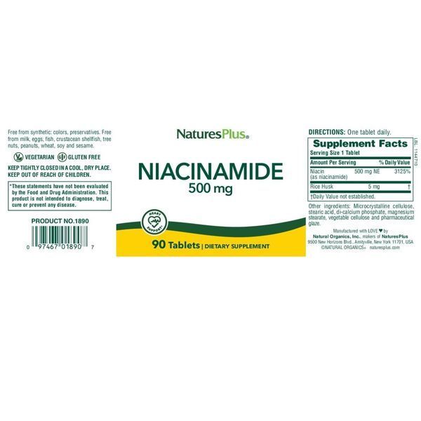 Нiацинамiд (В3), Niacinamide, 500 мг, Natures Plus, 90 таблеток