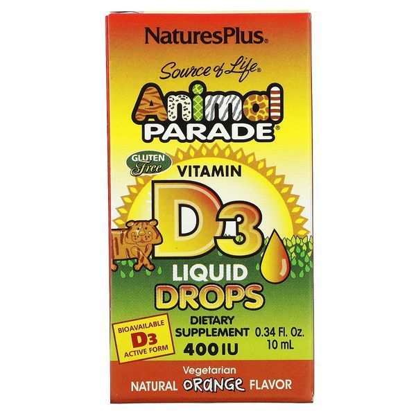 Витамин D3 400 МЕ для Детей, Вкус апельсина, Animal Parade, Vitamin D3 Liquid Drops, Natures Plus, 10 мл капли