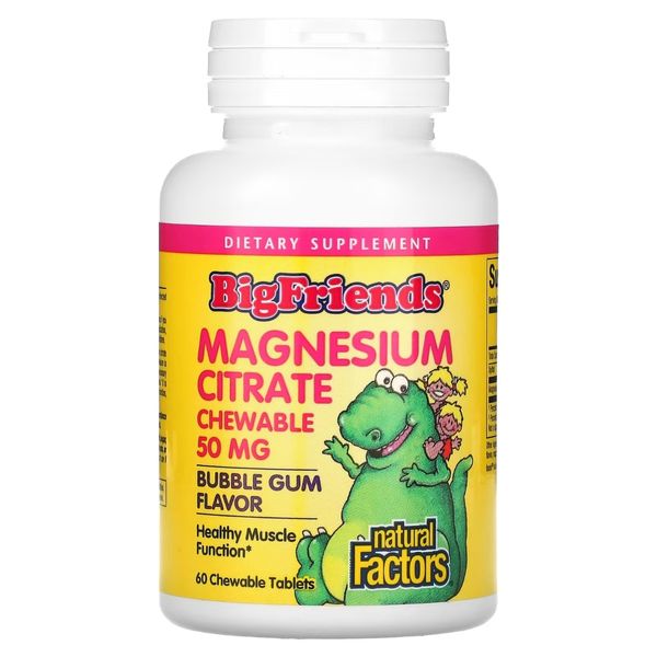 Магній цитрат для дітей, 50 мг, смак жувальної гумки, Magnesium Citrate, Natural Factors, 60 жувальних таблеток