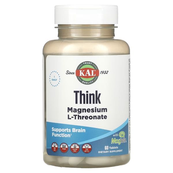 Магній L-Треонат, Think Magnesium L-Threonate, KAL, 60 таблеток