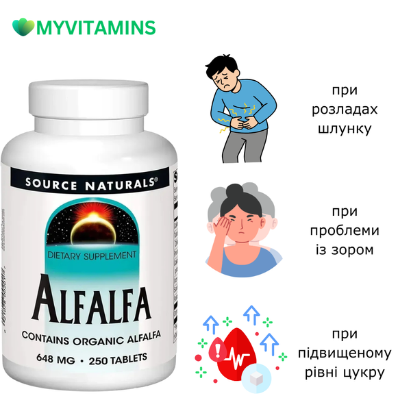 Люцерна, 648мг, Alfalfa, Source Naturals, 250 таблеток