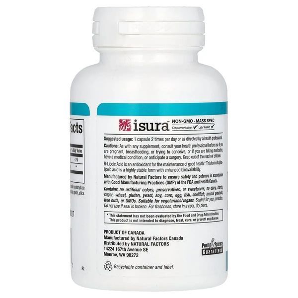 R-липоевая кислота, 100 мг, R-Lipoic Acid+, Natural Factors, 60 вегетарианских капсул
