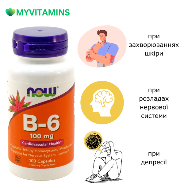 Вітамін В6 (Піридоксин), Vitamin B6, Now Foods, 100 мг, 100 капсул