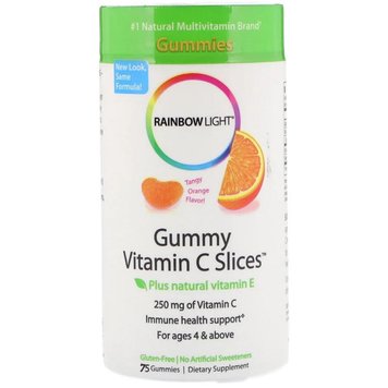 Вітамін С, дольки з терпким апельсиновим смаком, Gummy Vitamin C Slices, Tangy Orange Flavor, Rainbow Light, 75 жувальних цукерок