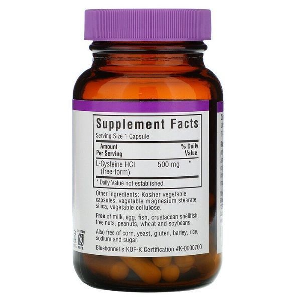 L-Цистеїн 500 мг, L-Cystein, Bluebonnet Nutrition, 60 вегетаріанських капсул
