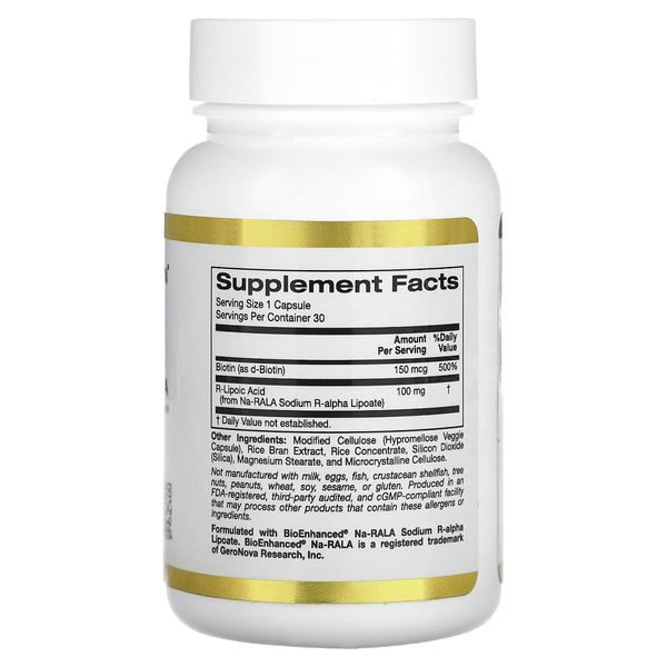 R-Ліпоєва Кислота, Stabilized R-Lipoic Acid, California Gold Nutrition, 30 вегетаріанських капсул