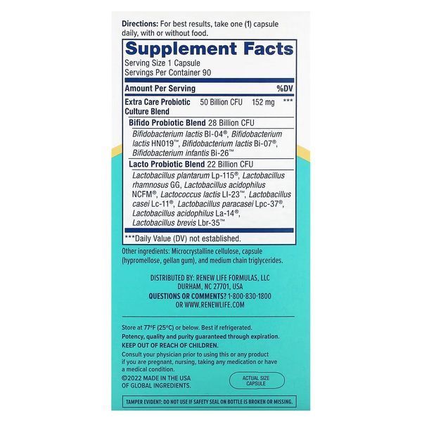 Пробиотик, 50 млрд КОЕ, Extra Care Digestive Probiotic, Renew Life, 90 вегетарианских капсул