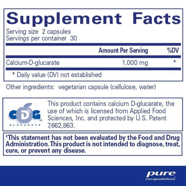 Кальций-D-глюкарат, 1000 мг, Calcium-D-Glucarate, Pure Encapsulations, 60 капсул