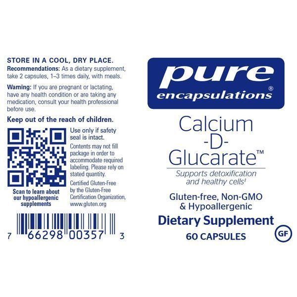 Кальций-D-глюкарат, 1000 мг, Calcium-D-Glucarate, Pure Encapsulations, 60 капсул