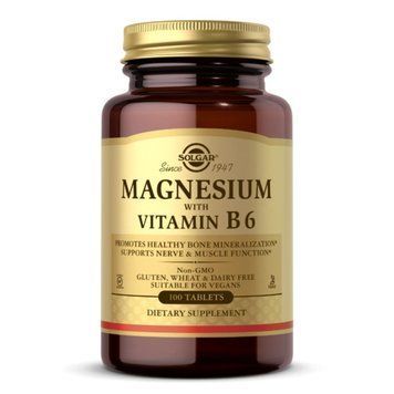 УЦІНКА Магній з вітаміном B6, Magnesium with Vitamin B6, Solgar, 100 таблеток (пошкоджено зовнішню плівку)