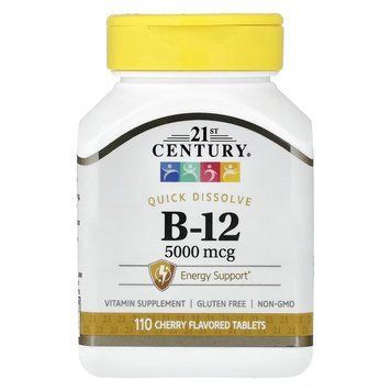 Витамин B12, 5000 мкг, вкус вишни, Vitamin B-12, 21st Century, 110 таблеток