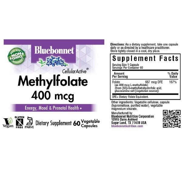 Метилфолат (B9) 400мкг, Cellular Active, Methylfolate, Bluebonnet Nutrition, 60 вегетаріанських капсул