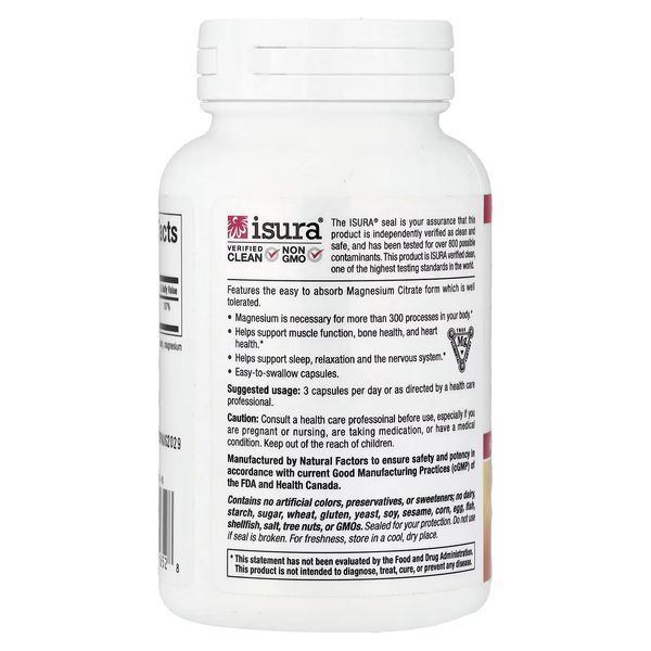 Магний цитрат, 450 мг, Magnesium Citrate, Natural Factors, 90 капсул