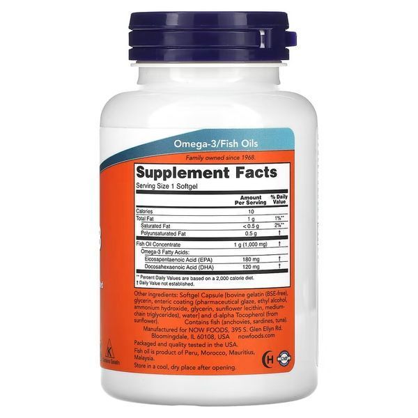 Омега-3, 1000 мг, 180 EPA - 120 DHA, Omega-3 Fish Oil, Now Foods, 90 гелевых капсул