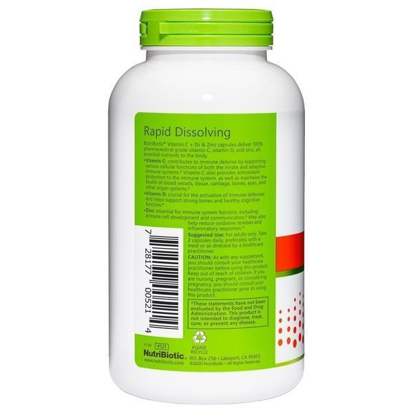 Витамин C, D3 и цинк, Immunity, Vitamin C, D3 & Zinc, NutriBiotic, 250 капсул