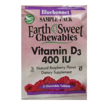 Вітамін D3 400IU, Смак Малини, Earth Sweet Chewables, Bluebonnet Nutrition, 2 жувальні таблетки