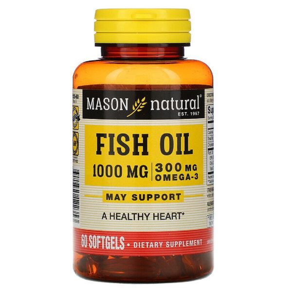 Риб'ячий жир 1000 мг з Омега-3 300 мг, Omega-3 Fish Oil, Mason Natural, 60 гелевих капсул